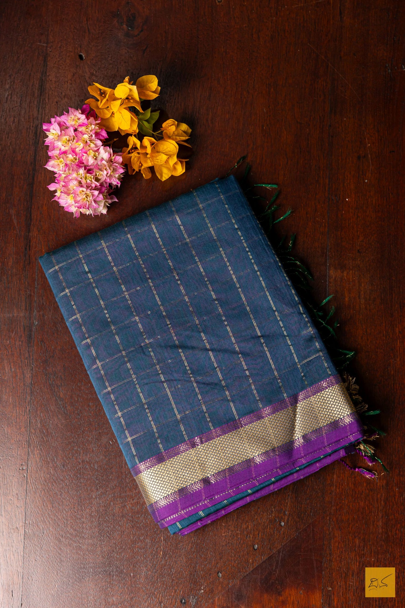 Shantha- Peacock Blue Maheshwari Silk Cotton Handwoven Saree