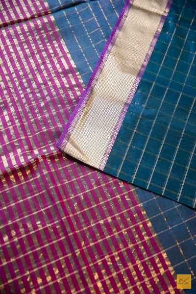 Shantha- Peacock Blue Maheshwari Silk Cotton Handwoven Saree