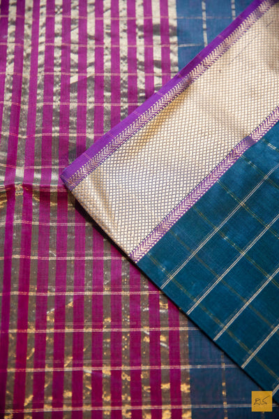 Shantha- Peacock Blue Maheshwari Silk Cotton Handwoven Saree