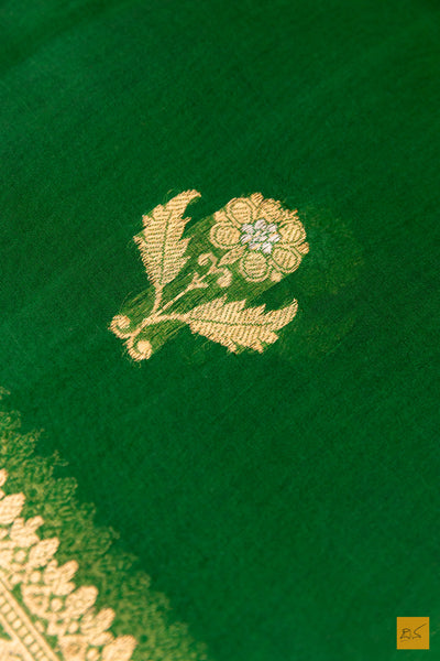 Bottle Green Banarasi Organza Handwoven Saree