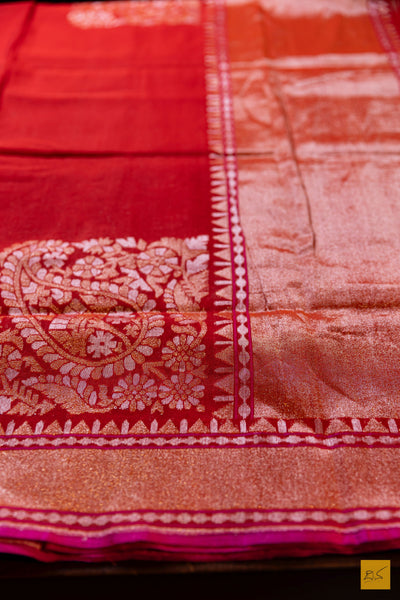 Aisha- Red Banarasi Pure Cotton Handwoven Saree