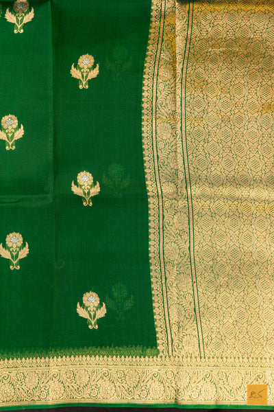 Bottle Green Banarasi Organza Handwoven Saree