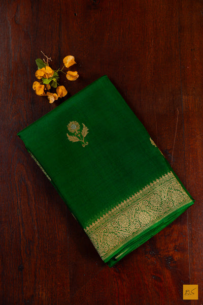 Bottle Green Banarasi Organza Handwoven Saree