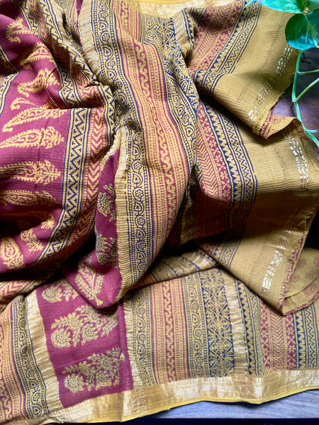 Step out in style with this hand printed Mustard Maheshwari saree! Crafted from silk cotton and printed in bold Bagh, Madhya pradesh designs, it's easy to drape and perfect for any special occasion. Soak up the compliments with this gorgeous, comfortable and dressy saree!
