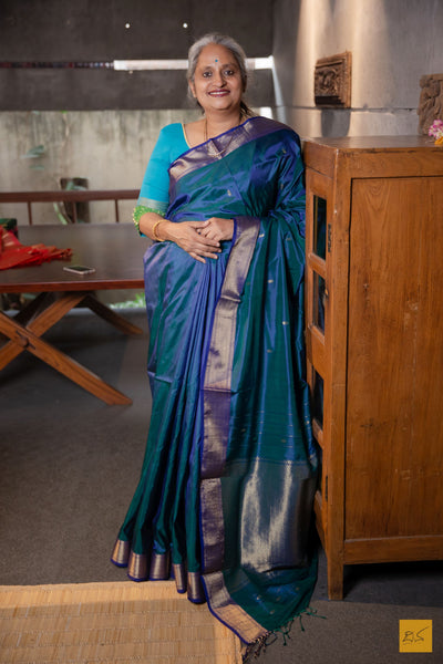 Yamuna- Peacock Blue Maheshwari Pure Silk Handwoven Saree