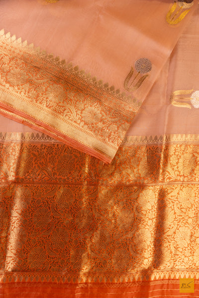 Peach Banarasi Organza Handwoven Saree