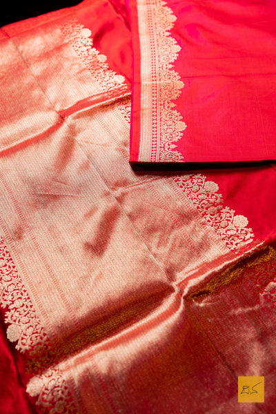 Pavana- Red Banarasi Satin Silk Handwoven Saree