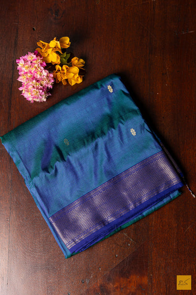 Yamuna- Peacock Blue Maheshwari Pure Silk Handwoven Saree
