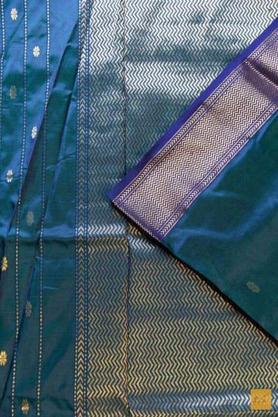 Yamuna- Peacock Blue Maheshwari Pure Silk Handwoven Saree