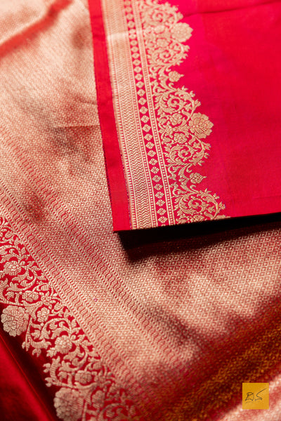 Pavana- Red Banarasi Satin Silk Handwoven Saree