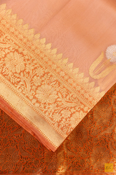 Peach Banarasi Organza Handwoven Saree