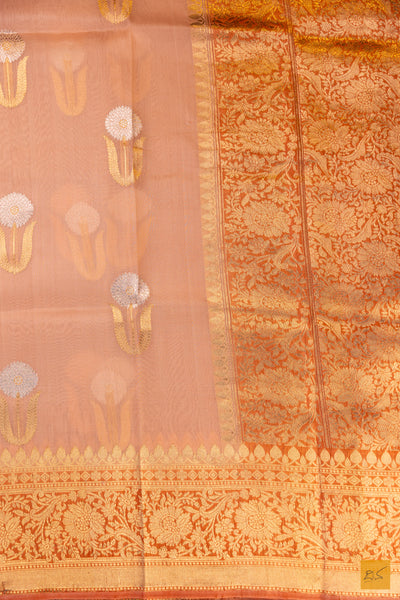 Peach Banarasi Organza Handwoven Saree