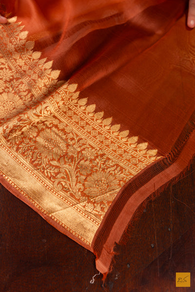 Peach Banarasi Organza Handwoven Saree