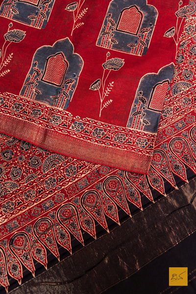 Saparya- Maroon Maheshwari Pure Cotton Ajrakh Handwoven Saree