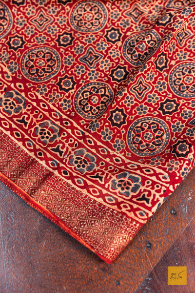 Saparya- Maroon Maheshwari Pure Cotton Ajrakh Handwoven Saree