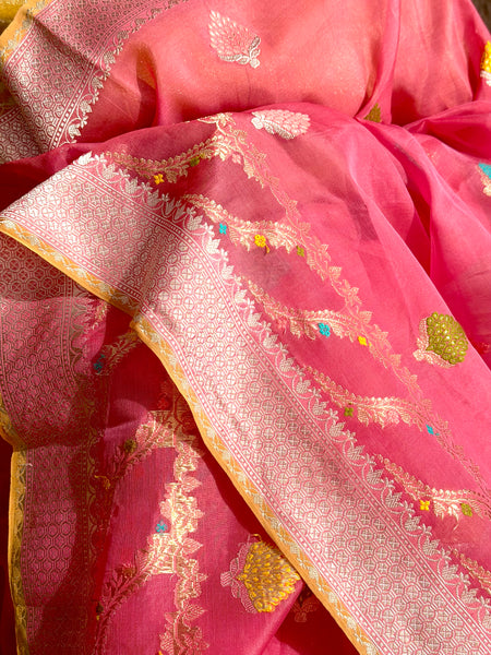Nishpanka - Pink Banarasi Kora Silk Organza Handwoven saree