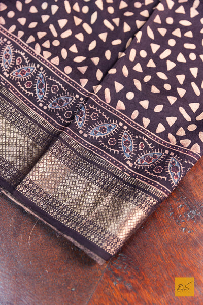Apoorva- Black Maheshwari Mulberry Silk Ajrakh Block Print Handwoven Saree