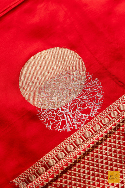 Pushkari- Red Banarasi Satin Silk Handwoven Saree