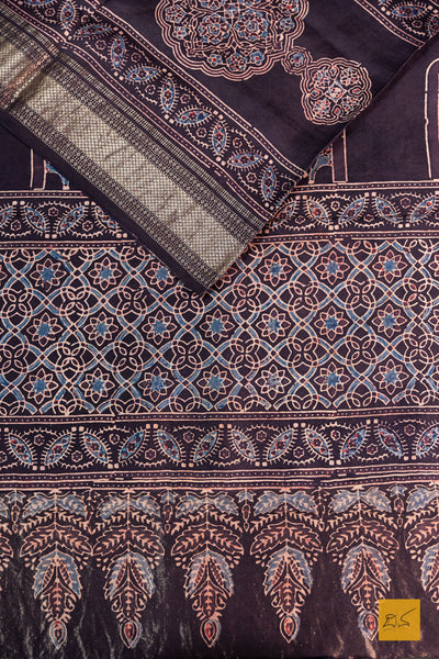 Apoorva- Black Maheshwari Mulberry Silk Ajrakh Block Print Handwoven Saree