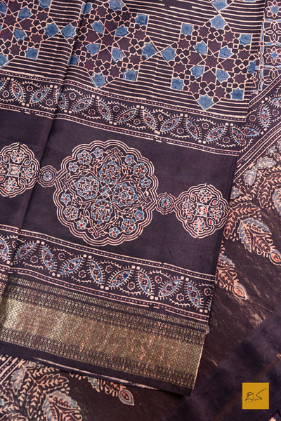Apoorva- Black Maheshwari Mulberry Silk Ajrakh Block Print Handwoven Saree