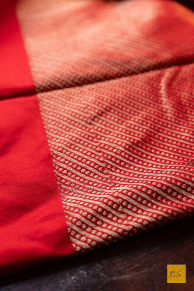 Pushkari- Red Banarasi Satin Silk Handwoven Saree