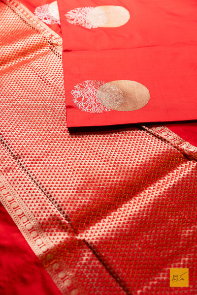 Pushkari- Red Banarasi Satin Silk Handwoven Saree