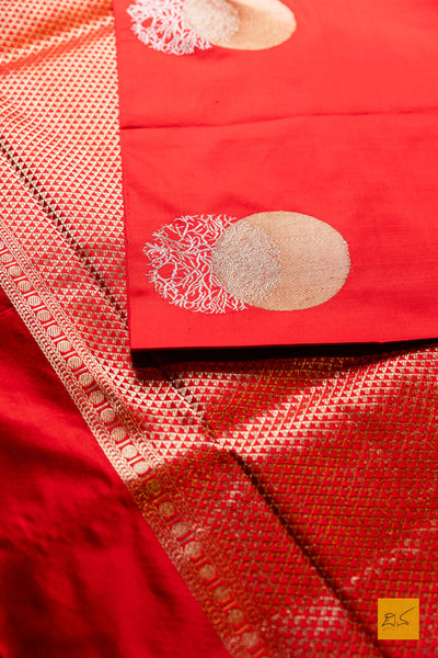 Pushkari- Red Banarasi Satin Silk Handwoven Saree