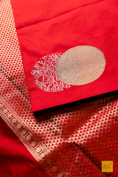 Pushkari- Red Banarasi Satin Silk Handwoven Saree