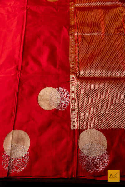 Pushkari- Red Banarasi Satin Silk Handwoven Saree