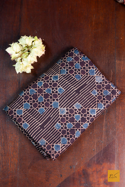 Apoorva- Black Maheshwari Mulberry Silk Ajrakh Block Print Handwoven Saree