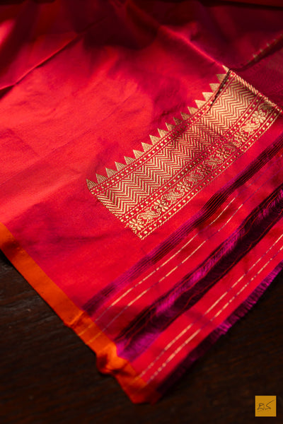 Neetha- Pink-Orange Banarasi Katan Silk Handwoven Saree