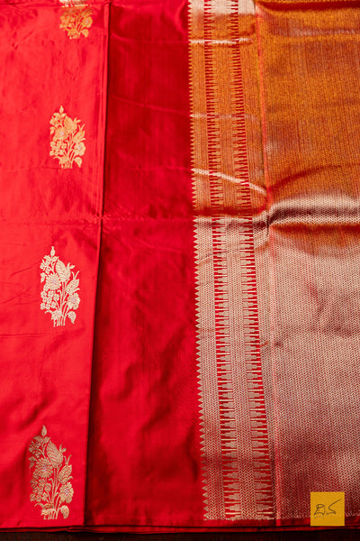 Parmjothi- Red Banarasi Satin Silk Handwoven Saree