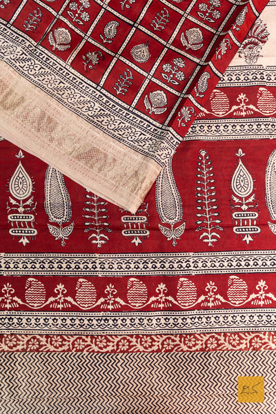 Padmavathi- Brick Red Maheshwari Mulberry Silk Bagh Print Handwoven Saree