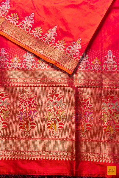 Neetha- Pink-Orange Banarasi Katan Silk Handwoven Saree