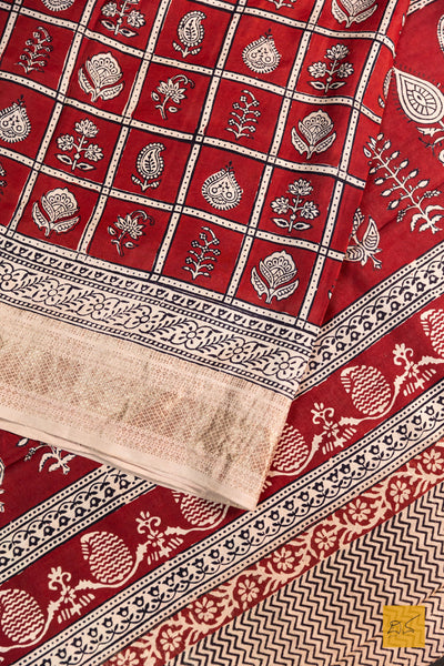 Padmavathi- Brick Red Maheshwari Mulberry Silk Bagh Print Handwoven Saree