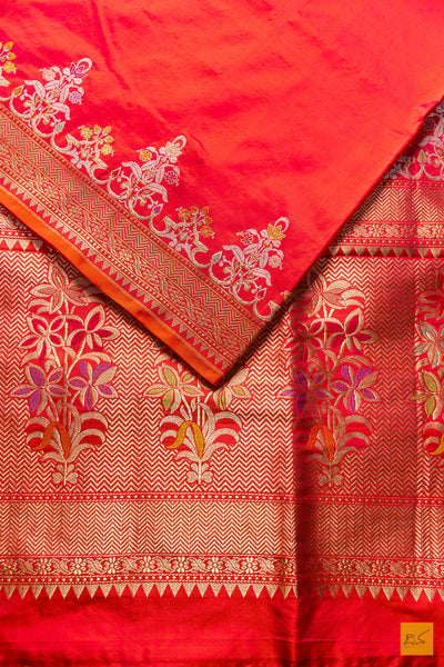 Neetha- Pink-Orange Banarasi Katan Silk Handwoven Saree