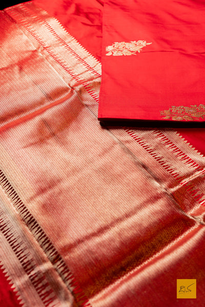 Parmjothi- Red Banarasi Satin Silk Handwoven Saree