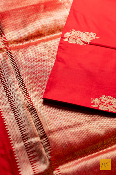 Parmjothi- Red Banarasi Satin Silk Handwoven Saree
