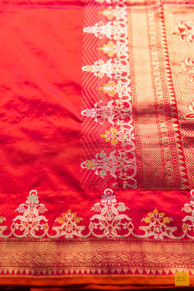 Neetha- Pink-Orange Banarasi Katan Silk Handwoven Saree