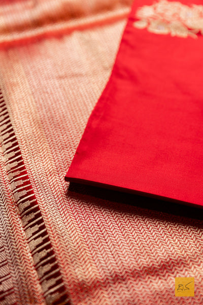 Parmjothi- Red Banarasi Satin Silk Handwoven Saree