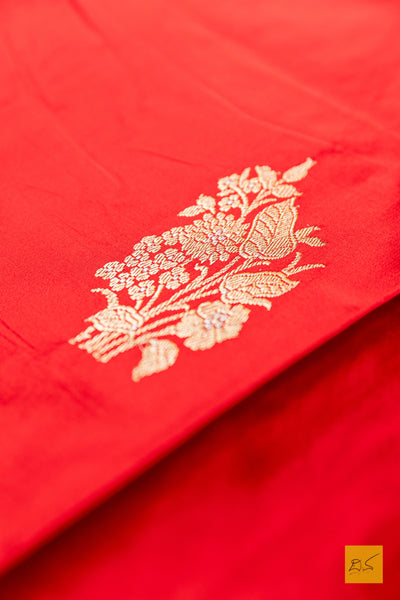 Parmjothi- Red Banarasi Satin Silk Handwoven Saree