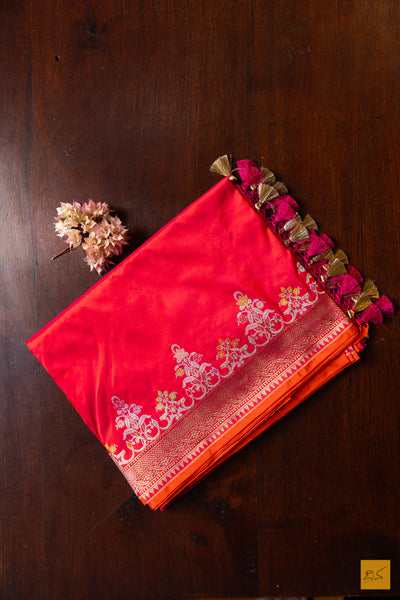 Neetha- Pink-Orange Banarasi Katan Silk Handwoven Saree
