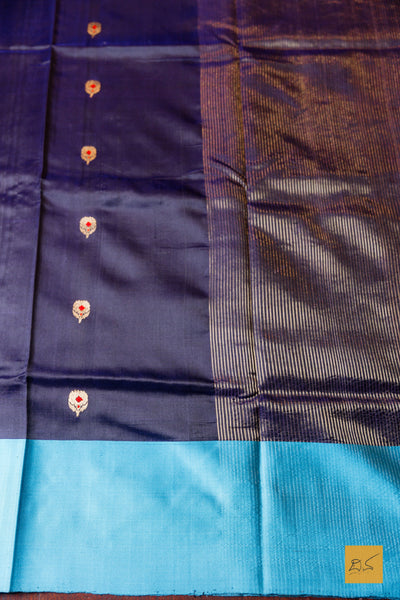 Maheshwari- Navy Blue Chanderi Pure Silk Handwoven Saree
