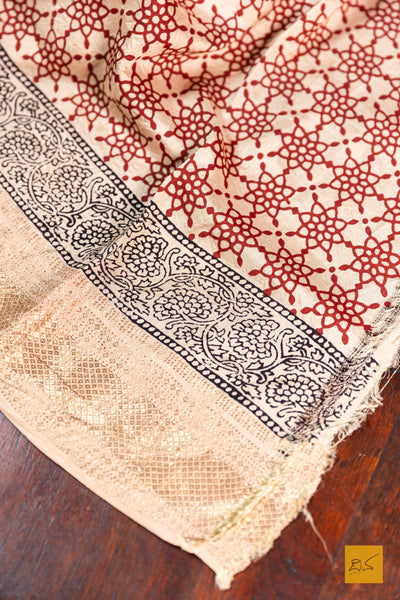 Gauthami- Brick Red Maheshwari Mulberry Silk Bagh Print Handwoven Saree