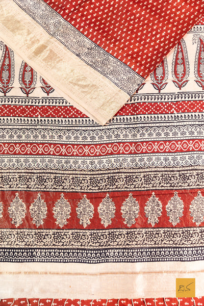 Gauthami- Brick Red Maheshwari Mulberry Silk Bagh Print Handwoven Saree
