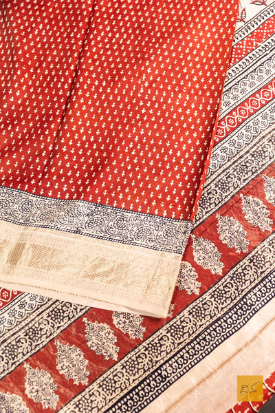 Gauthami- Brick Red Maheshwari Mulberry Silk Bagh Print Handwoven Saree