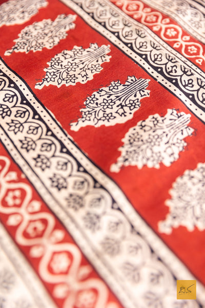 Gauthami- Brick Red Maheshwari Mulberry Silk Bagh Print Handwoven Saree