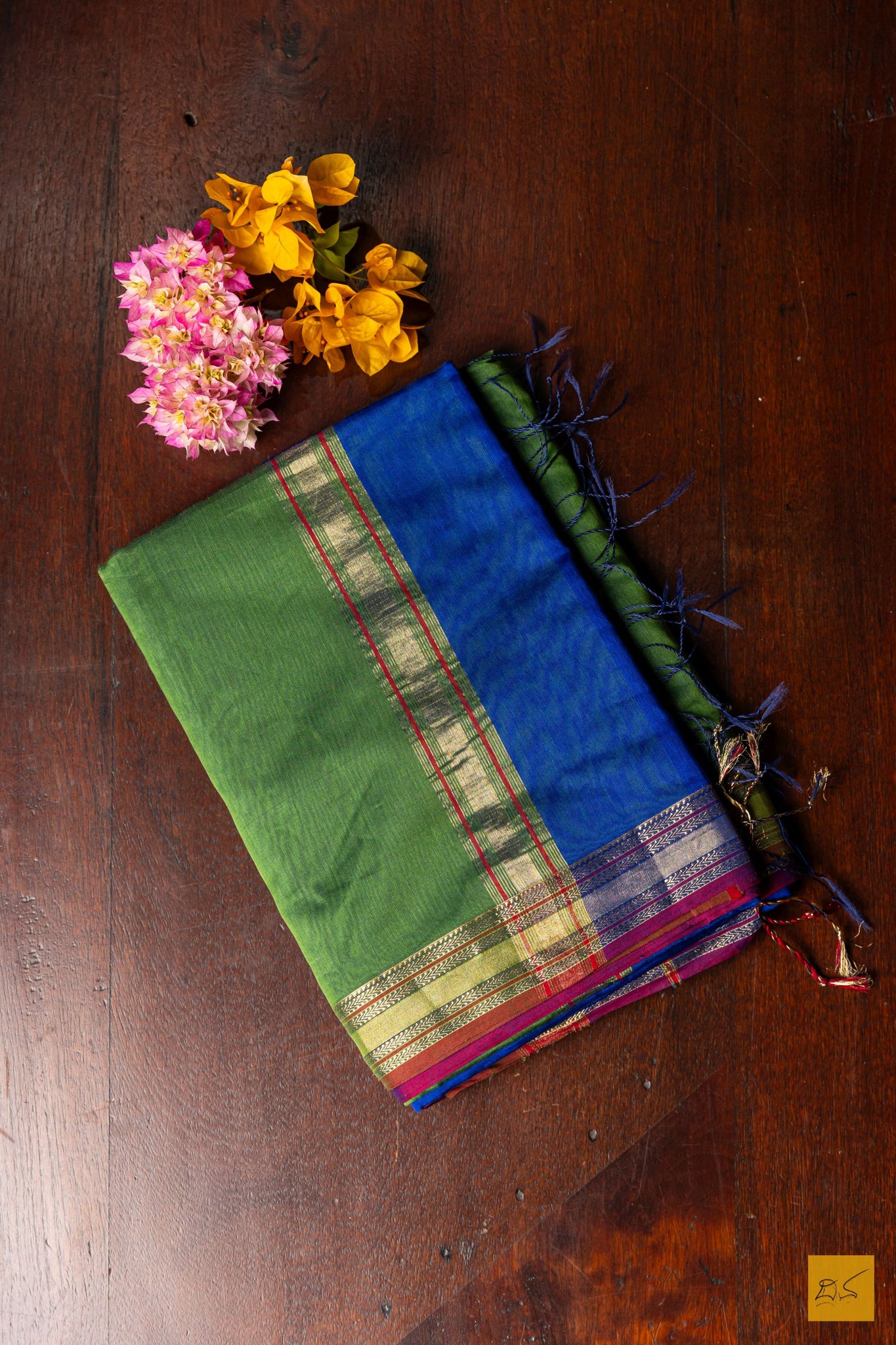 Kaveri- Blue-Green Maheshwari Silk Cotton Handwoven Saree