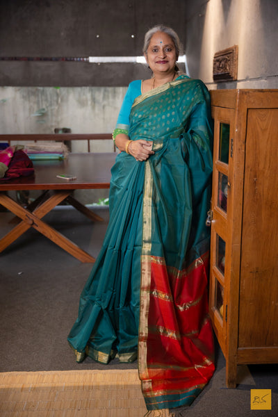 Taruni- Green-Red Maheshwari Silk Cotton Handwoven Saree