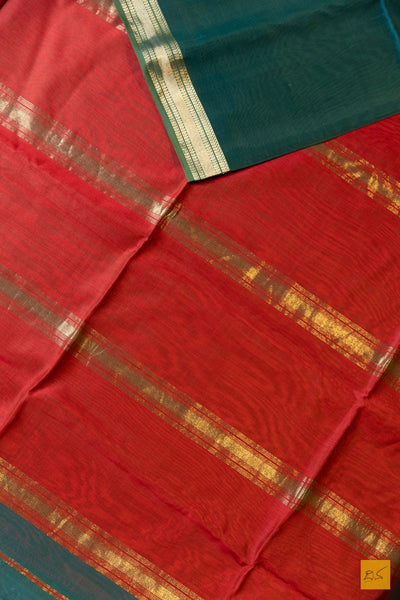 Taruni- Green-Red Maheshwari Silk Cotton Handwoven Saree